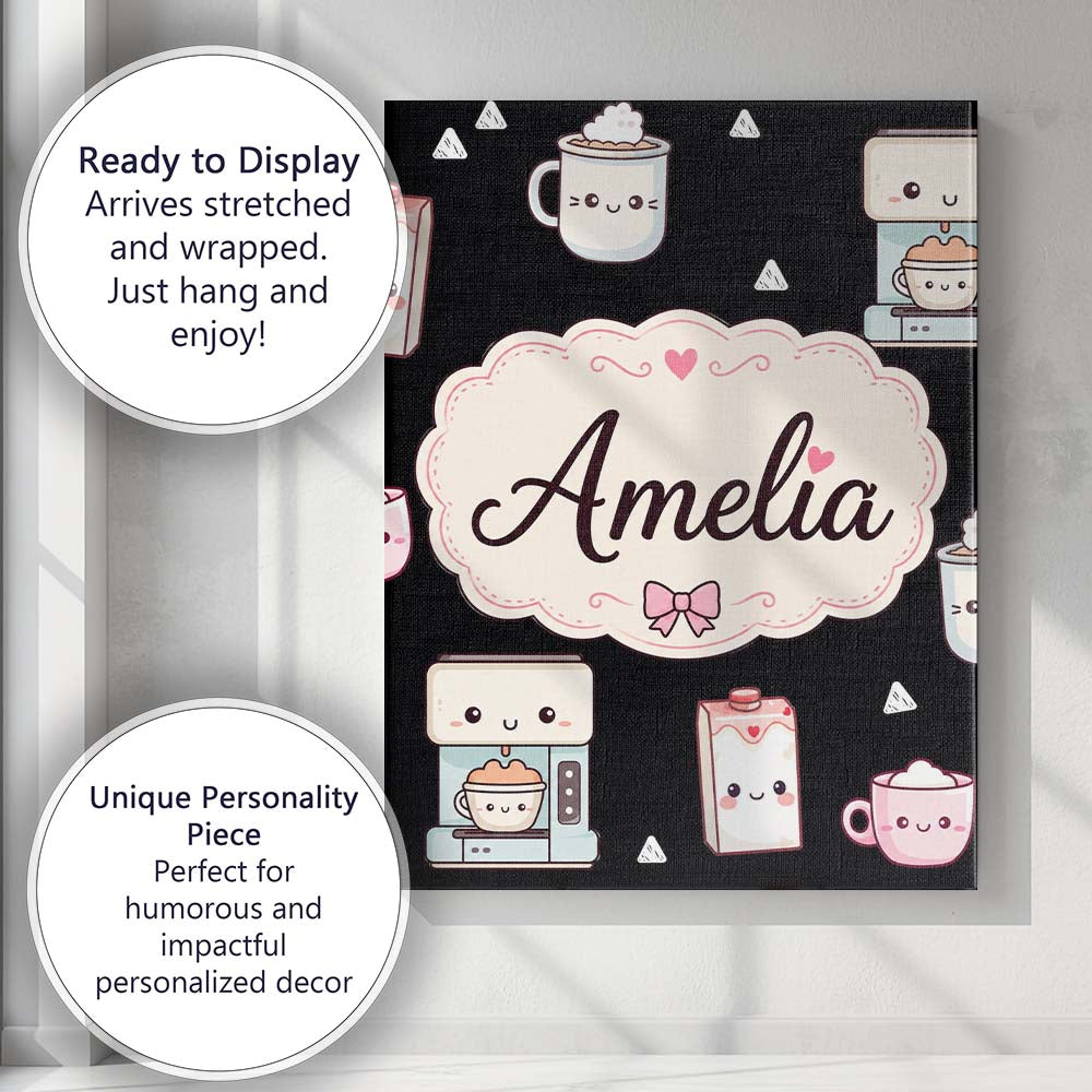 Personalised Name Cute Kawaii Coffee Custom Premium Decorative Design Modern Room Accent Canvas Wall Art Print Decor Picture Ready to Hang