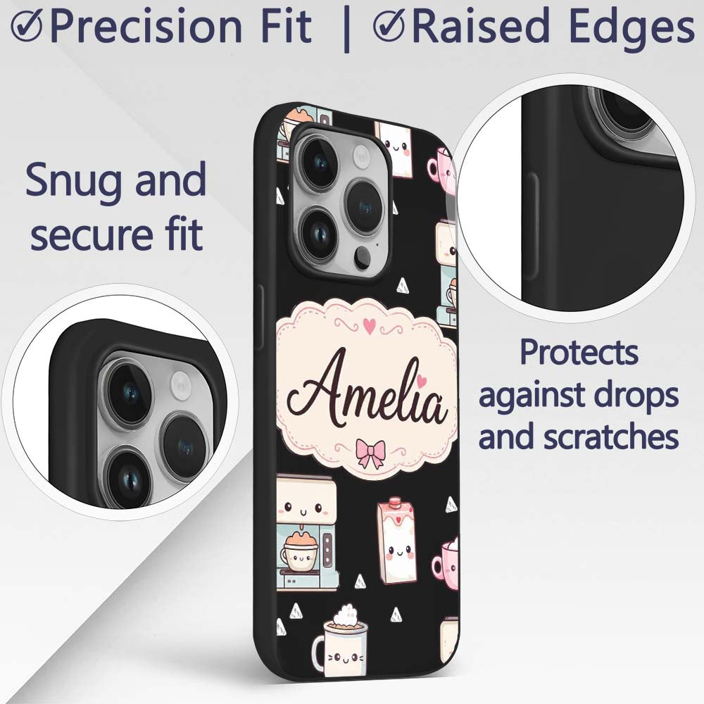 Cute Kawaii Coffee Machine Milk Carton Seamless Custom Name Protective Phone Case Mobile Cover Durable Everyday Smartphone Shock Resistant