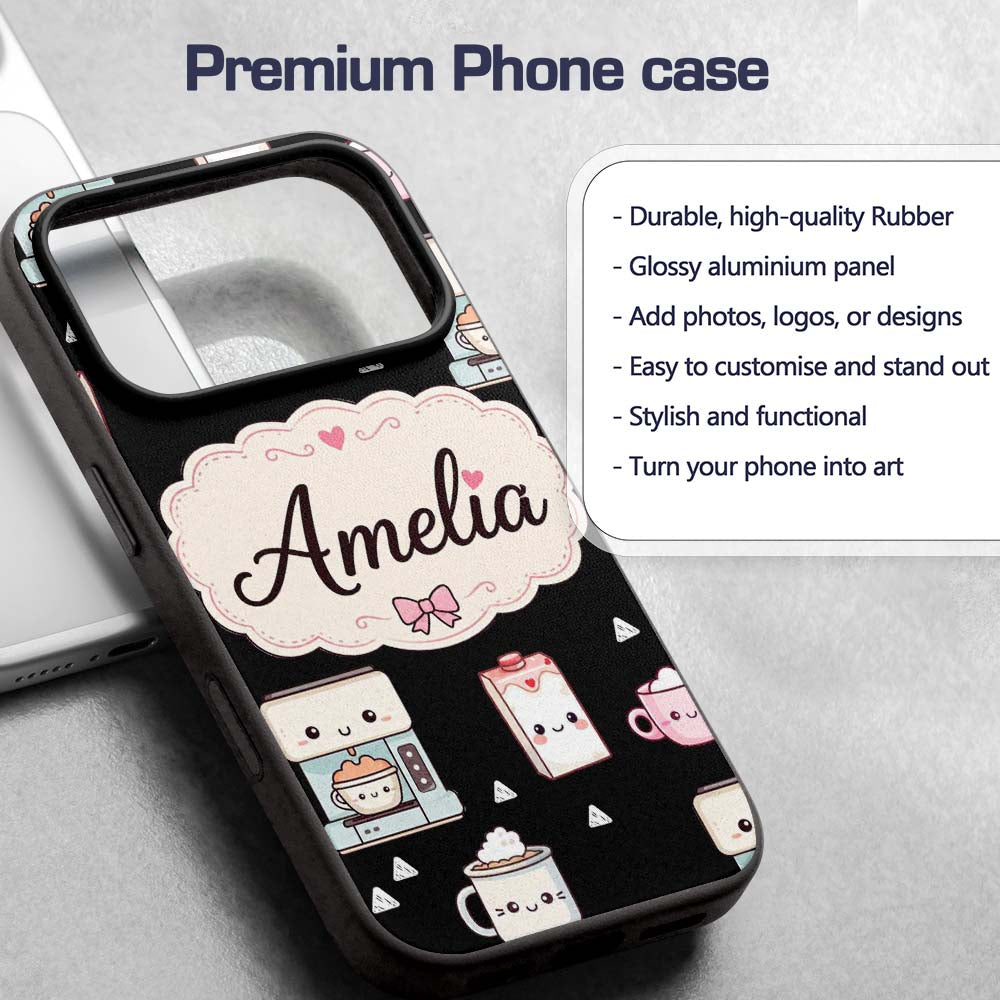 Cute Kawaii Coffee Machine Milk Carton Seamless Custom Name Protective Phone Case Mobile Cover Durable Everyday Smartphone Shock Resistant