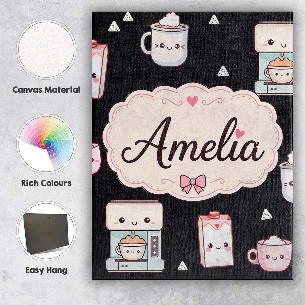Personalised Name Cute Kawaii Coffee Custom Premium Decorative Design Modern Room Accent Canvas Wall Art Print Decor Picture Ready to Hang