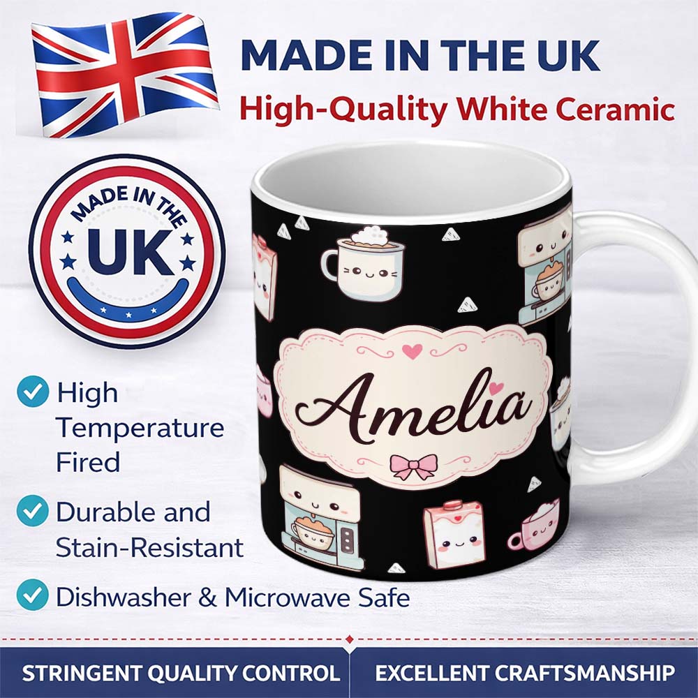 Personalized Custom Name Cute Kawaii Coffee Machine Milk Carton Seamless Pattern Name Unique 11oz Ceramic Coffee Tea Mug White Large Handle