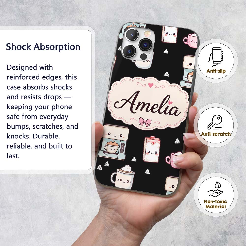 Cute Kawaii Coffee Machine Milk Carton Seamless Custom Name Protective Phone Case Mobile Cover Durable Everyday Smartphone Shock Resistant