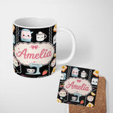 Personalized Custom Name Cute Kawaii Sushi Rice Cooker Japanese Food Seamless Pattern Name 11oz Ceramic Coffee Tea Mug White Large Handle