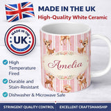 Personalized Custom Name Cute Baby Deer Pink Stripes Floral Crown Seamless Pattern Lovely 11oz Ceramic Coffee Tea Mug White Large Handle