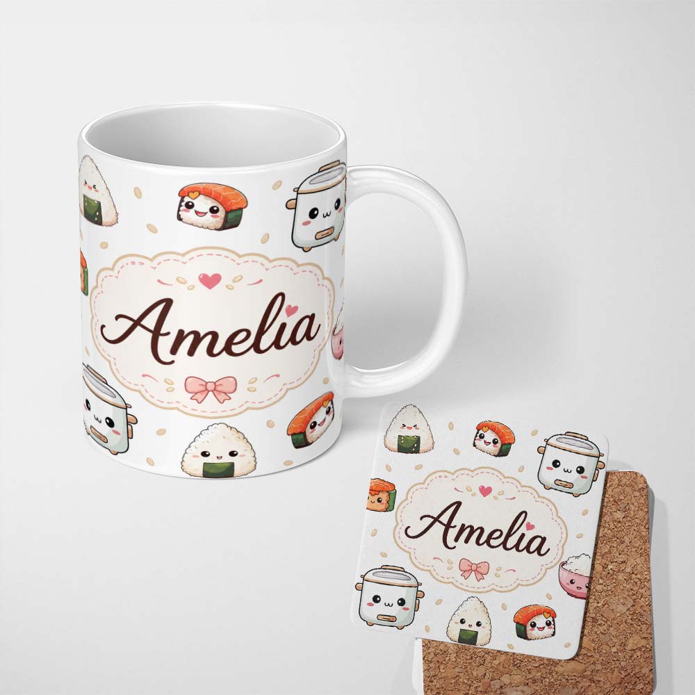 Personalized Custom Name Cute Kawaii Sushi Rice Bowl Kitchen Appliances Seamless Pattern Name 11oz Ceramic Coffee Tea Mug White Large Handle