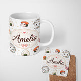 Personalized Custom Name Cute Kawaii Sushi Rice Bowl Kitchen Appliances Seamless Pattern Name 11oz Ceramic Coffee Tea Mug White Large Handle