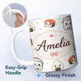 Personalized Custom Name Cute Kawaii Sushi Rice Bowl Kitchen Appliances Seamless Pattern Name 11oz Ceramic Coffee Tea Mug White Large Handle