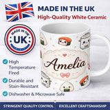 Personalized Custom Name Cute Kawaii Sushi Rice Bowl Kitchen Appliances Seamless Pattern Name 11oz Ceramic Coffee Tea Mug White Large Handle