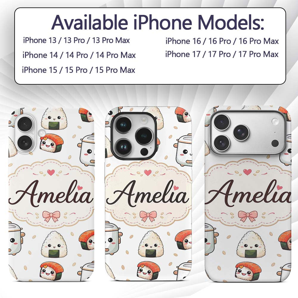 Cute Kawaii Sushi Rice Bowl Appliances Seamless Custom Name Protective Phone Case Mobile Cover Durable Everyday Smartphone Shock Resistant