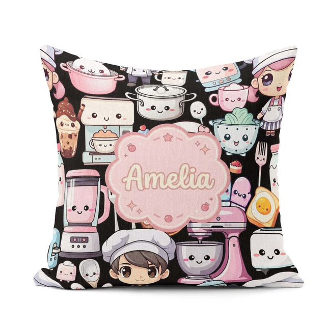 Custom Name Kawaii Baking Girl Utensils Seamless Pattern Name Square Filled Cushion Throw Pillow Sofa Bed Home Decor Zip Washable UK Made
