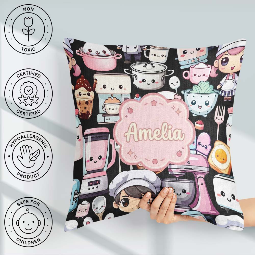 Custom Name Kawaii Baking Girl Utensils Seamless Pattern Name Square Filled Cushion Throw Pillow Sofa Bed Home Decor Zip Washable UK Made