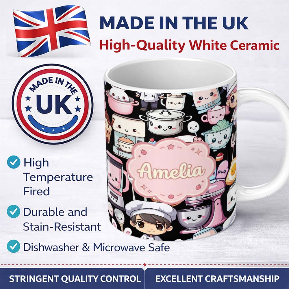 Personalized Custom Name Cute Kawaii Baking Girl Kitchen Utensils Seamless Pattern Name 11oz Ceramic Coffee Tea Mug White Large Handle