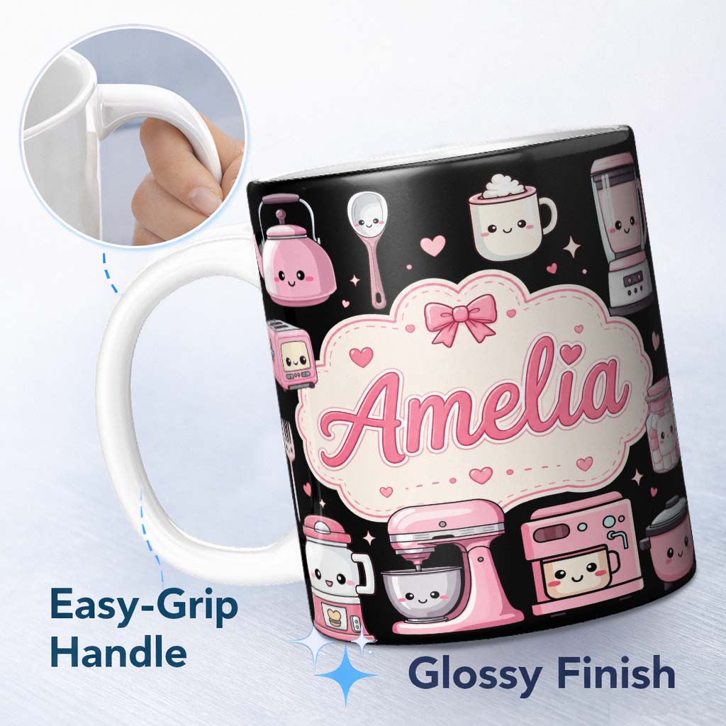 Personalized Custom Name Cute Kawaii Kitchen Appliances Mixer Toaster Seamless Pattern Name 11oz Ceramic Coffee Tea Mug White Large Handle