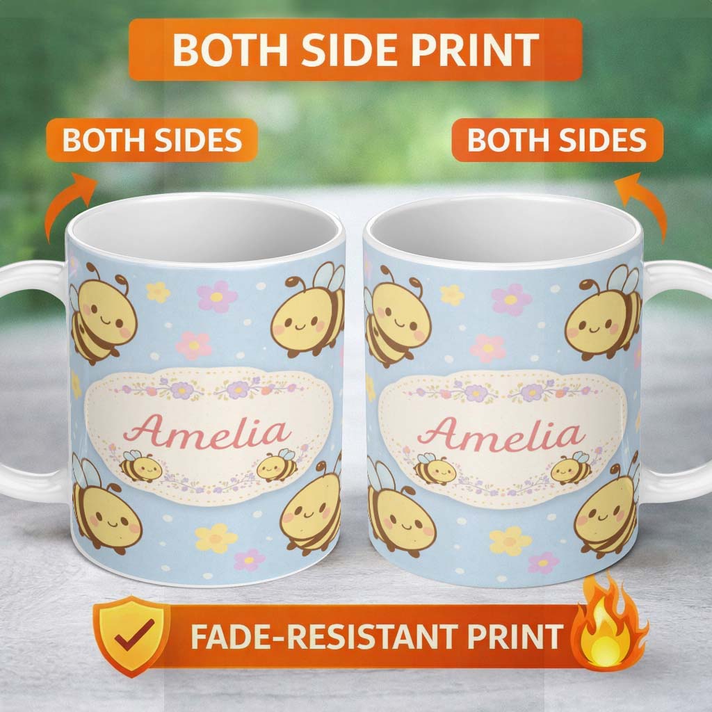 Personalized Custom Name Cute Bee Flower Cartoon Animal Pattern Stylish Everyday Mug Lovely 11oz Ceramic Coffee Tea Mug White Large Handle