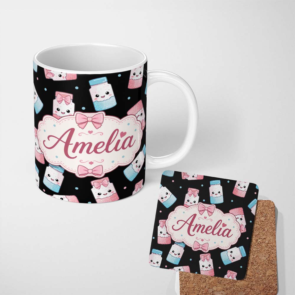 Personalized Custom Name Cute Kawaii Sugar Jars Pink Blue Sprinkles Seamless Pattern Name 11oz Ceramic Coffee Tea Mug White Large Handle