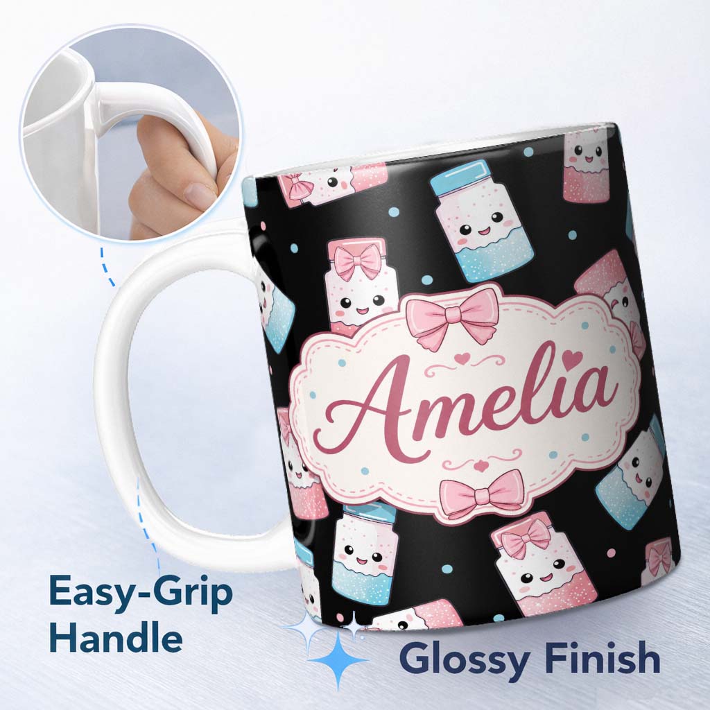 Personalized Custom Name Cute Kawaii Sugar Jars Pink Blue Sprinkles Seamless Pattern Name 11oz Ceramic Coffee Tea Mug White Large Handle