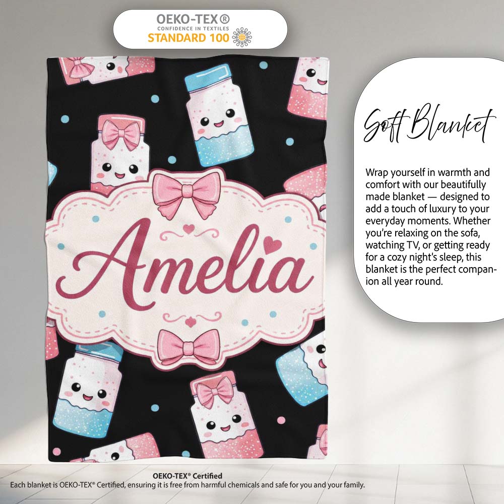 Cute Kawaii Sugar Jars Pink Blue Sprinkles Seamless Pattern Name  Personalised Custom Name Super Soft Fleece Blanket Bed Sofa Throw