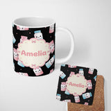Personalized Custom Name Cute Kawaii Sugar Jars Pastel Sprinkle Pattern Seamless Name Unique 11oz Ceramic Coffee Tea Mug White Large Handle