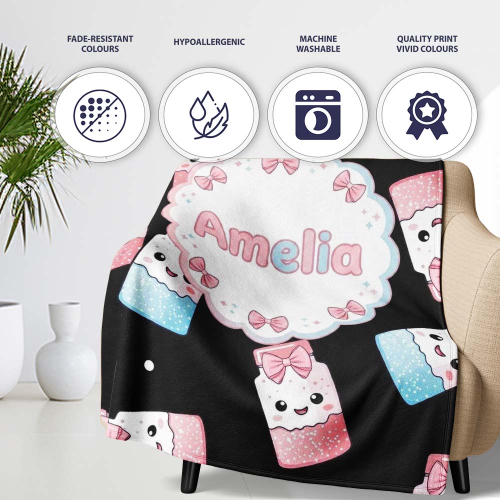 Cute Kawaii Sugar Jars Sprinkle Pattern Seamless Name Unique Gift  Personalised Custom Name Super Soft Fleece Blanket Bed Sofa Throw