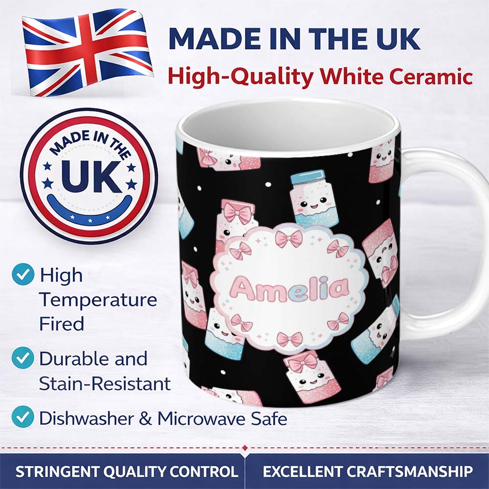 Personalized Custom Name Cute Kawaii Sugar Jars Sprinkle Pattern Seamless Name Unique Gift 11oz Ceramic Coffee Tea Mug White Large Handle
