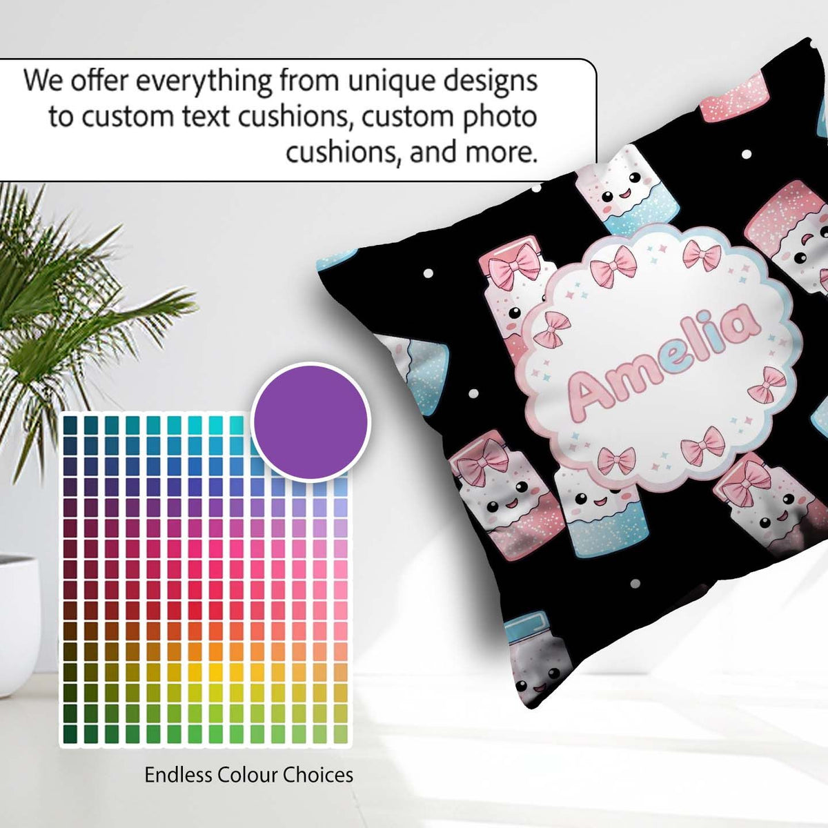 Custom Name Kawaii Sugar Jars Sprinkle Pattern Seamless Name Square Filled Cushion Throw Pillow Sofa Bed Home Decor Zip Washable UK Made