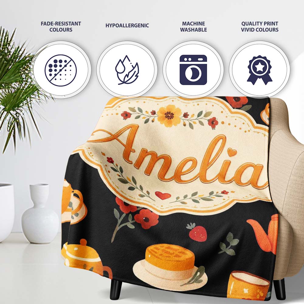 Cute Floral Tea Set Teapot Cup Flowers Seamless Pattern Name Unique  Personalised Custom Name Super Soft Fleece Blanket Bed Sofa Throw