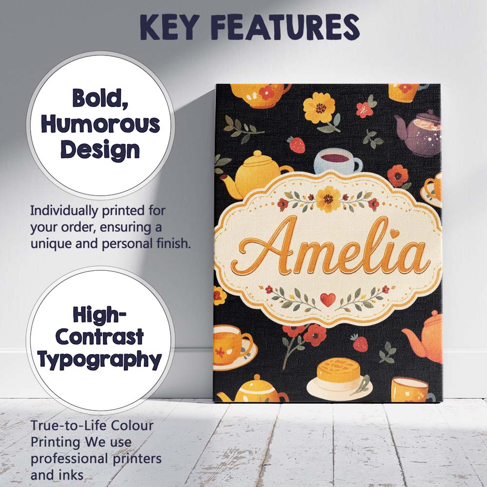 Personalised Name Cute Floral Tea Set Custom Modern Room Accent Creative Decorator Style Canvas Wall Art Print Decor Picture Ready to Hang