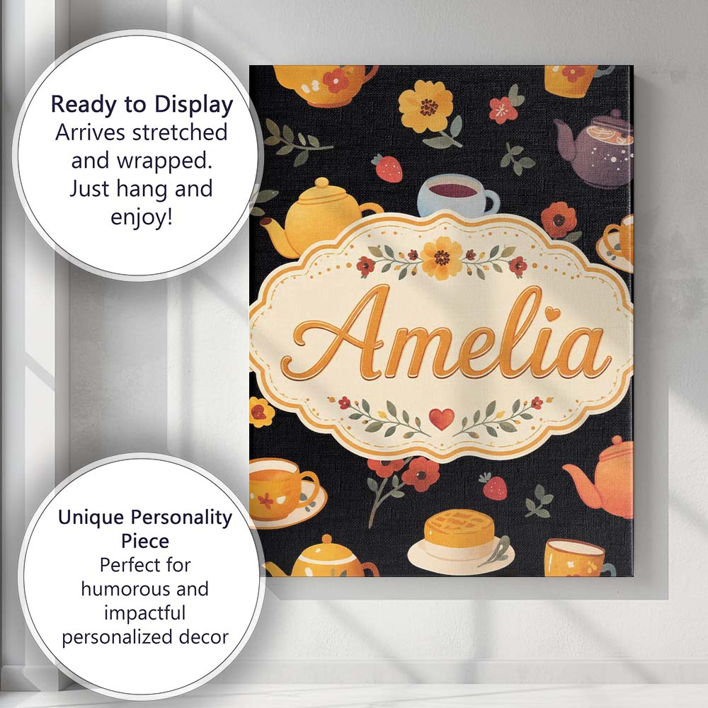 Personalised Name Cute Floral Tea Set Custom Modern Room Accent Creative Decorator Style Canvas Wall Art Print Decor Picture Ready to Hang