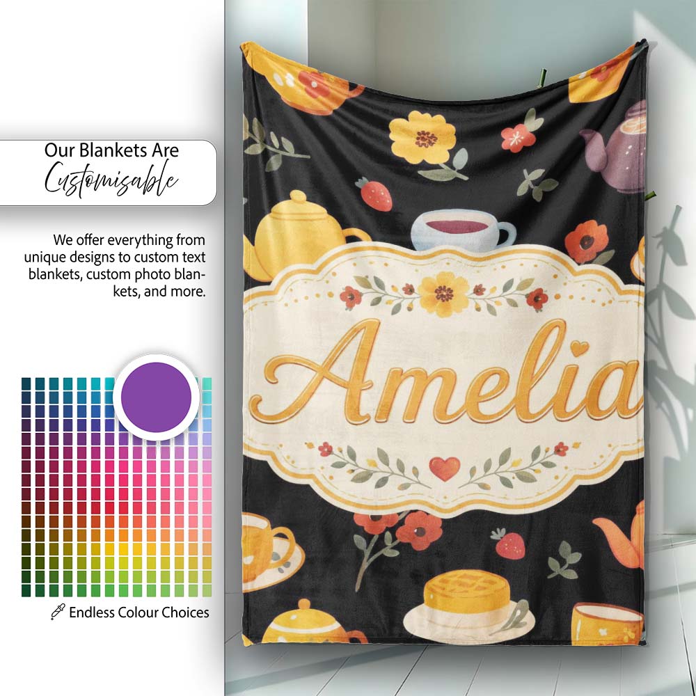 Cute Floral Tea Set Teapot Cup Flowers Seamless Pattern Name Unique  Personalised Custom Name Super Soft Fleece Blanket Bed Sofa Throw