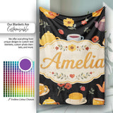 Cute Floral Tea Set Teapot Cup Flowers Seamless Pattern Name Unique  Personalised Custom Name Super Soft Fleece Blanket Bed Sofa Throw