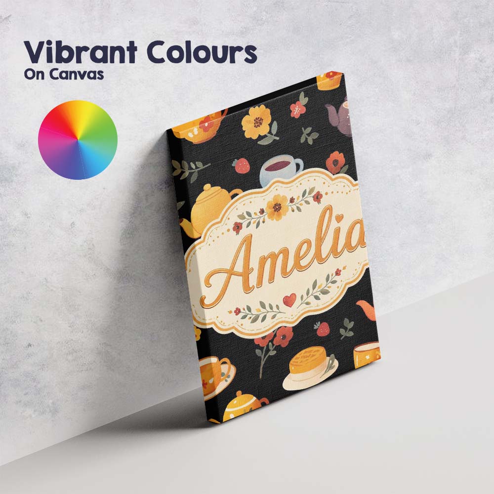 Personalised Name Cute Floral Tea Set Custom Modern Room Accent Creative Decorator Style Canvas Wall Art Print Decor Picture Ready to Hang