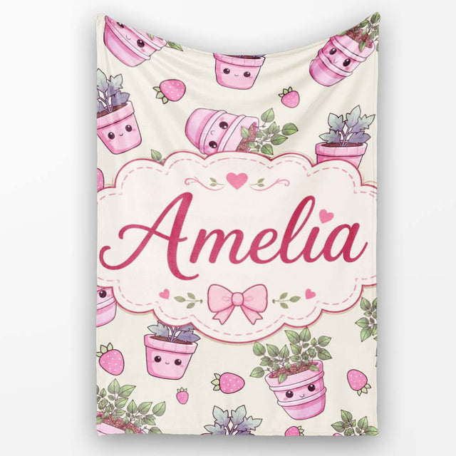 Cute Kawaii Strawberry Plant Pots Smiling Faces Seamless Pattern  Personalised Custom Name Super Soft Fleece Blanket Bed Sofa Throw