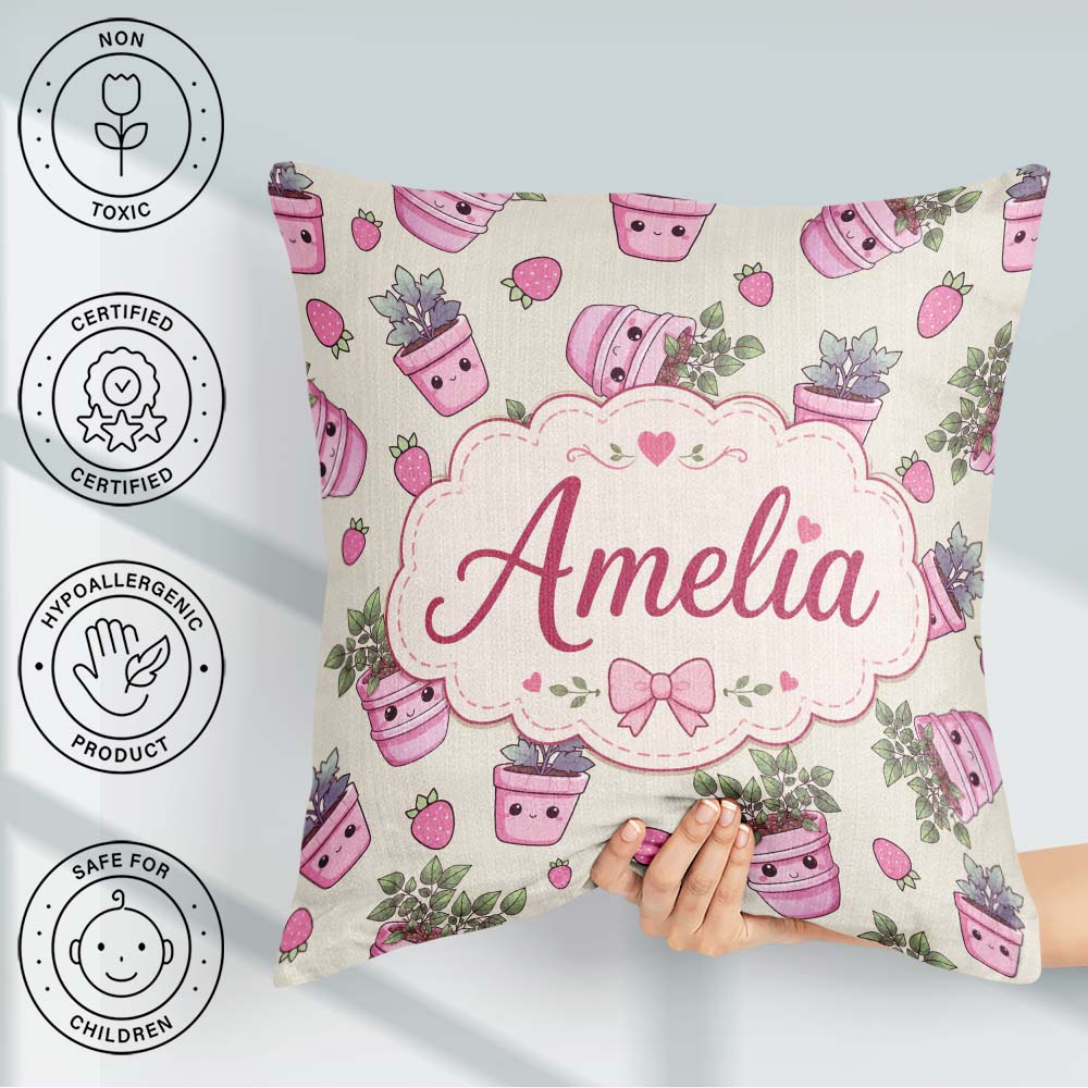 Custom Name Strawberry Plant Pots Smiling Faces Seamless Pattern Square Filled Cushion Throw Pillow Sofa Bed Home Decor Zip Washable UK Made