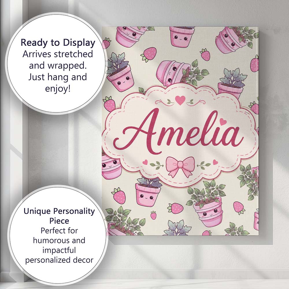 Personalised Name Cute Kawaii Strawberry Custom  Unique Gift Idea Elegant Feature Canvas Wall Art Print Decor Picture Ready to Hang