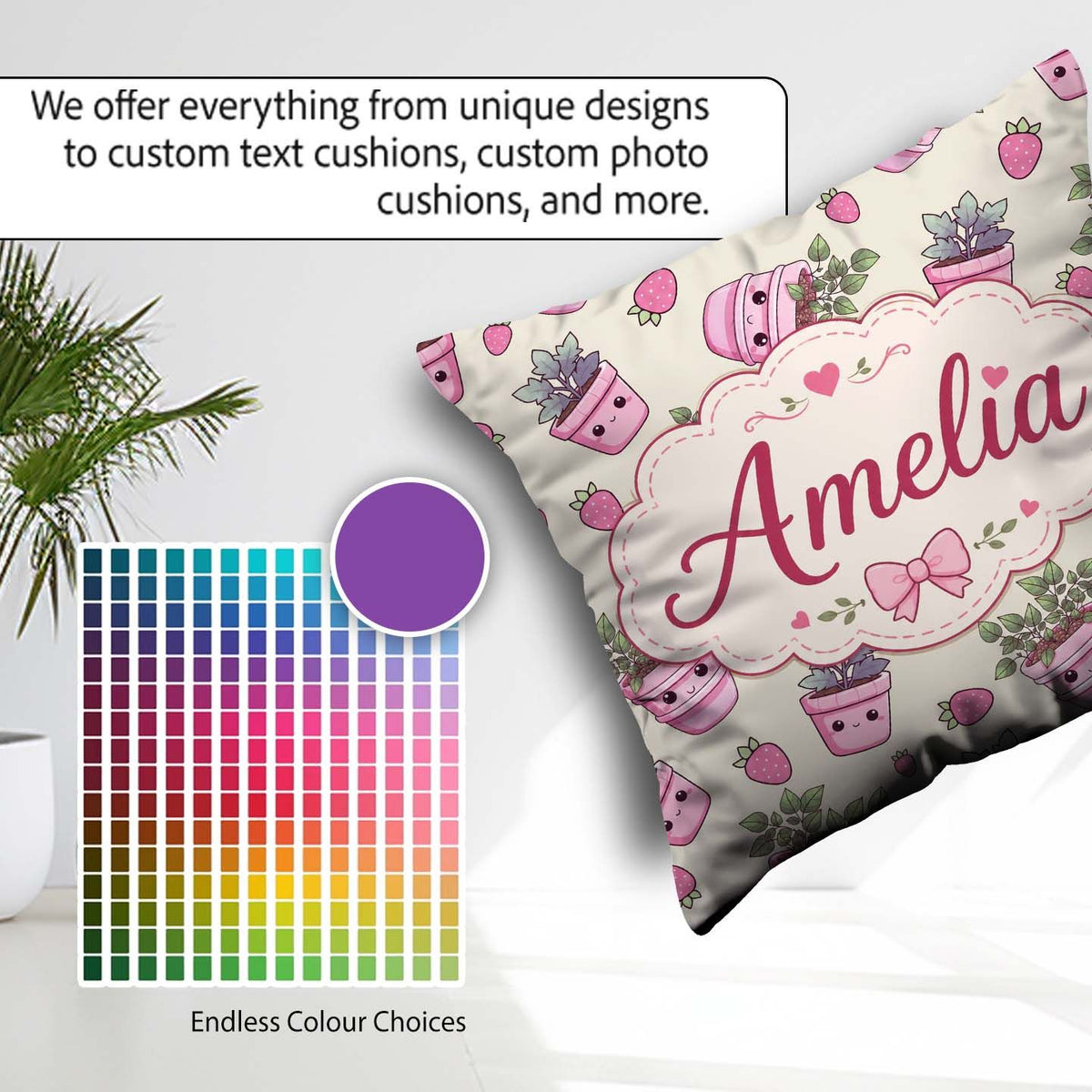 Custom Name Strawberry Plant Pots Smiling Faces Seamless Pattern Square Filled Cushion Throw Pillow Sofa Bed Home Decor Zip Washable UK Made