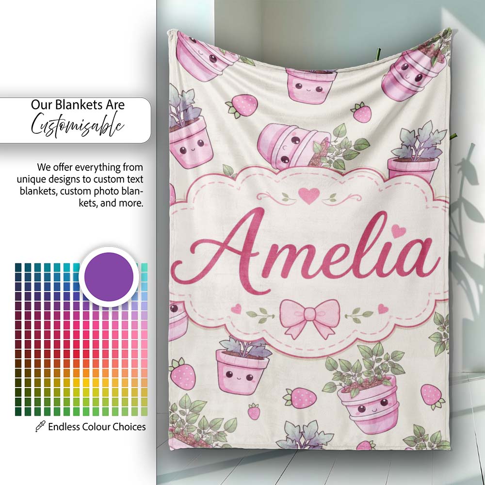 Cute Kawaii Strawberry Plant Pots Smiling Faces Seamless Pattern  Personalised Custom Name Super Soft Fleece Blanket Bed Sofa Throw
