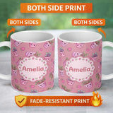Personalized Custom Name Cute Kawaii Strawberry Plant Pots Pink Background Seamless Pattern 11oz Ceramic Coffee Tea Mug White Large Handle