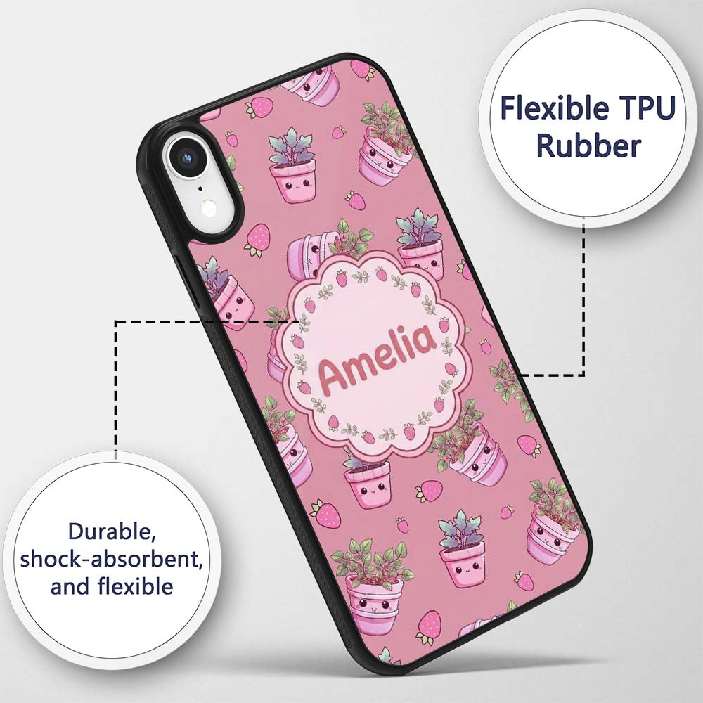Cute Kawaii Strawberry Plant Pots Pink Background Custom Name Protective Phone Case Mobile Cover Durable Everyday Smartphone Shock Resistant