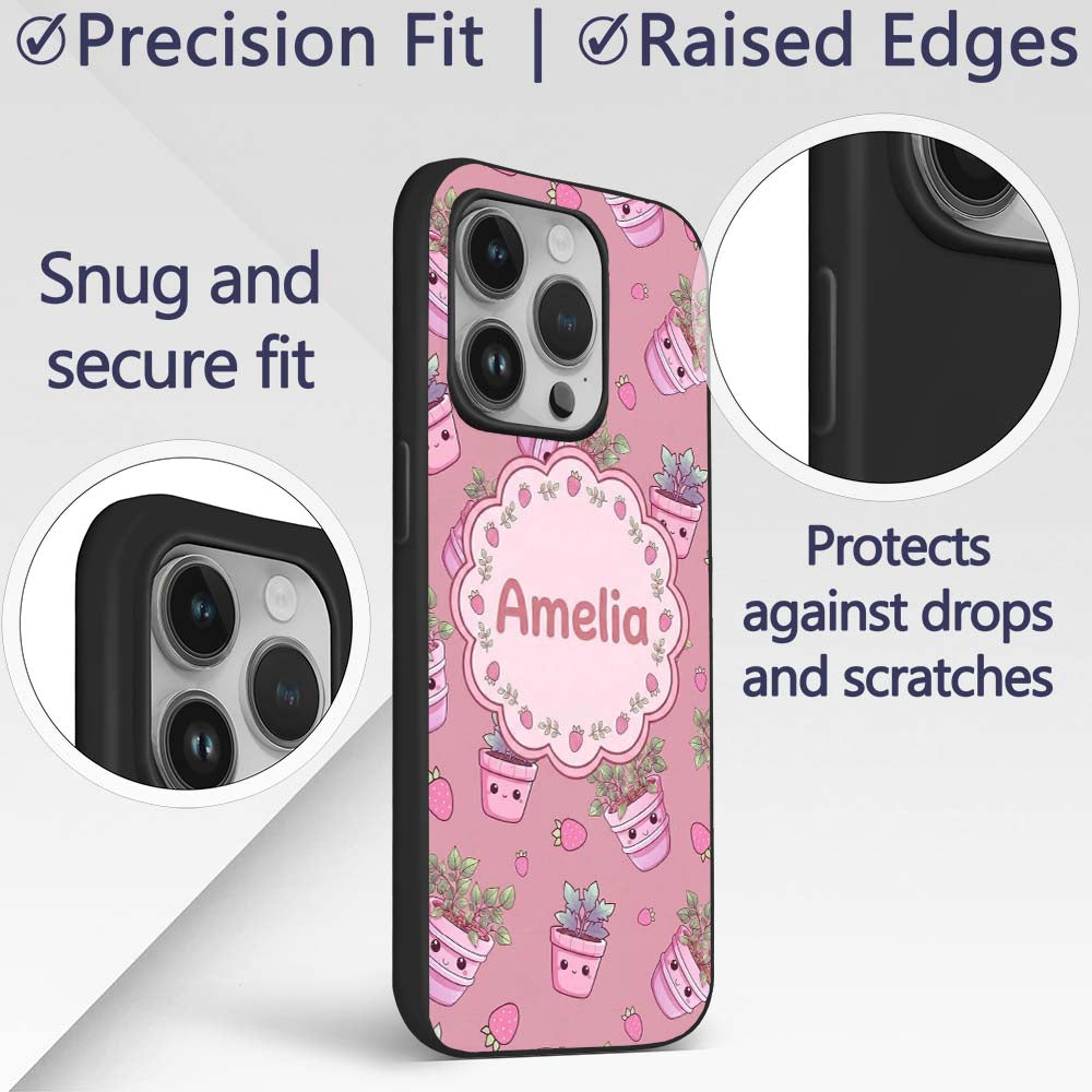 Cute Kawaii Strawberry Plant Pots Pink Background Custom Name Protective Phone Case Mobile Cover Durable Everyday Smartphone Shock Resistant