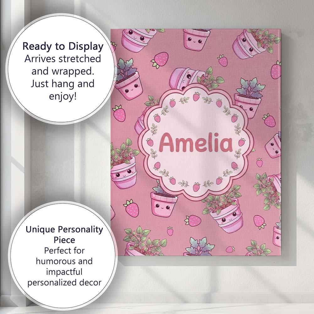 Personalised Name Cute Kawaii Strawberry Custom  Unique Gift Idea Elegant Feature Canvas Wall Art Print Decor Picture Ready to Hang