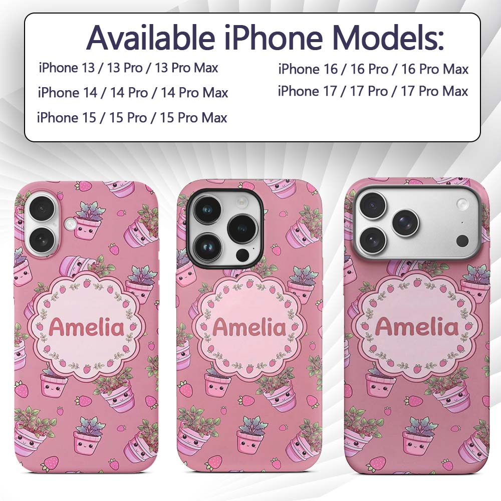 Cute Kawaii Strawberry Plant Pots Pink Background Custom Name Protective Phone Case Mobile Cover Durable Everyday Smartphone Shock Resistant