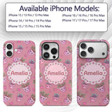 Cute Kawaii Strawberry Plant Pots Pink Background Custom Name Protective Phone Case Mobile Cover Durable Everyday Smartphone Shock Resistant