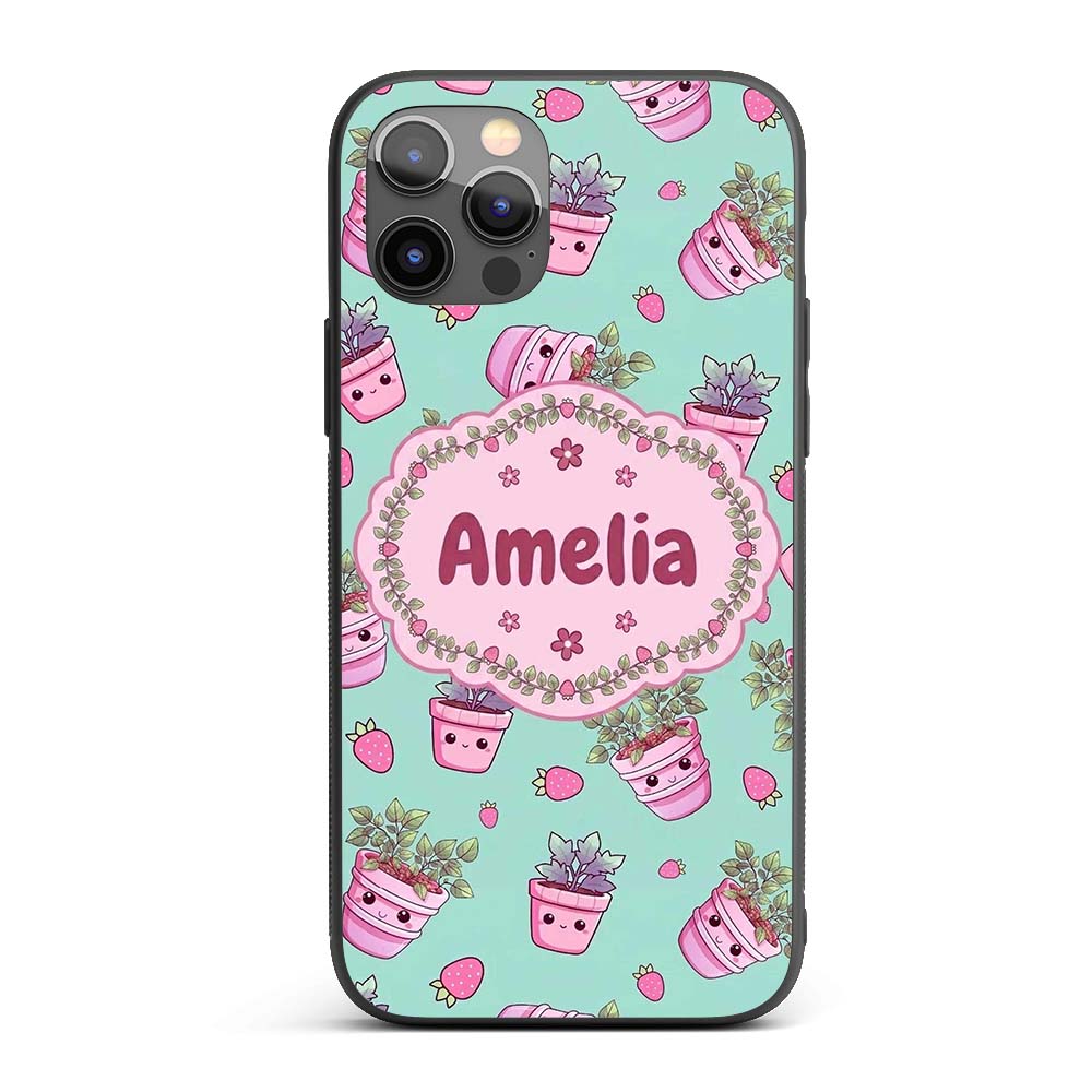 Cute Kawaii Strawberry Plant Pots Teal Background Custom Name Protective Phone Case Mobile Cover Durable Everyday Smartphone Shock Resistant