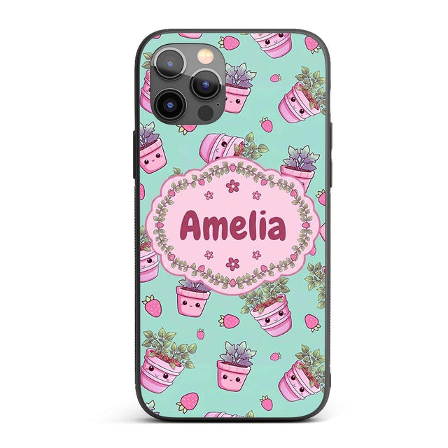 Cute Kawaii Strawberry Plant Pots Teal Background Custom Name Protective Phone Case Mobile Cover Durable Everyday Smartphone Shock Resistant