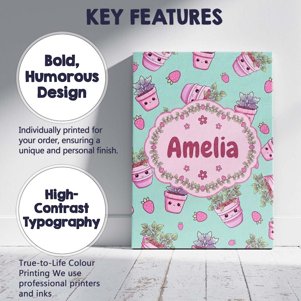 Personalised Name Cute Kawaii Strawberry Custom  Unique Gift Idea Elegant Feature Canvas Wall Art Print Decor Picture Ready to Hang