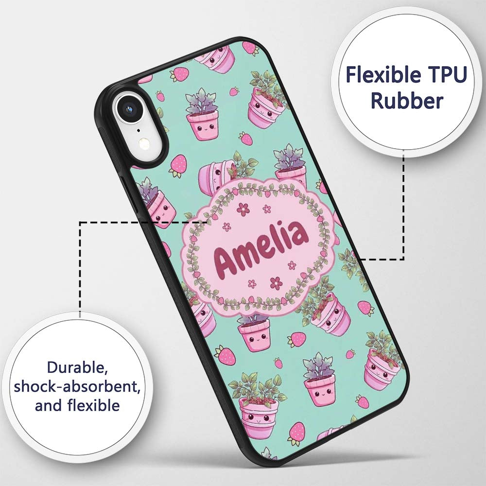 Cute Kawaii Strawberry Plant Pots Teal Background Custom Name Protective Phone Case Mobile Cover Durable Everyday Smartphone Shock Resistant