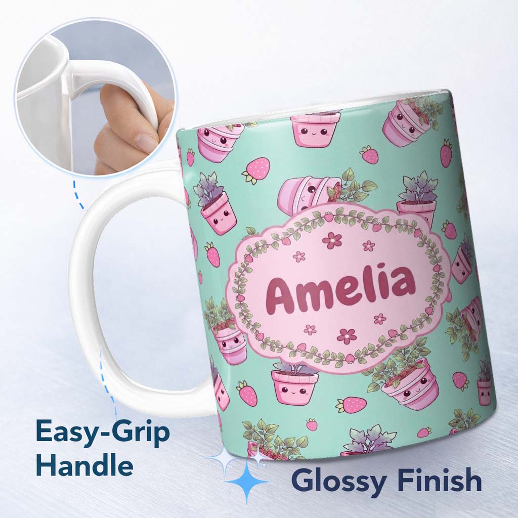 Personalized Custom Name Cute Kawaii Strawberry Plant Pots Teal Background Seamless Pattern 11oz Ceramic Coffee Tea Mug White Large Handle