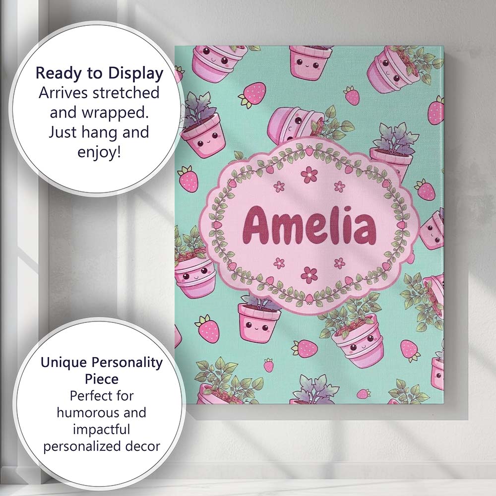 Personalised Name Cute Kawaii Strawberry Custom  Unique Gift Idea Elegant Feature Canvas Wall Art Print Decor Picture Ready to Hang