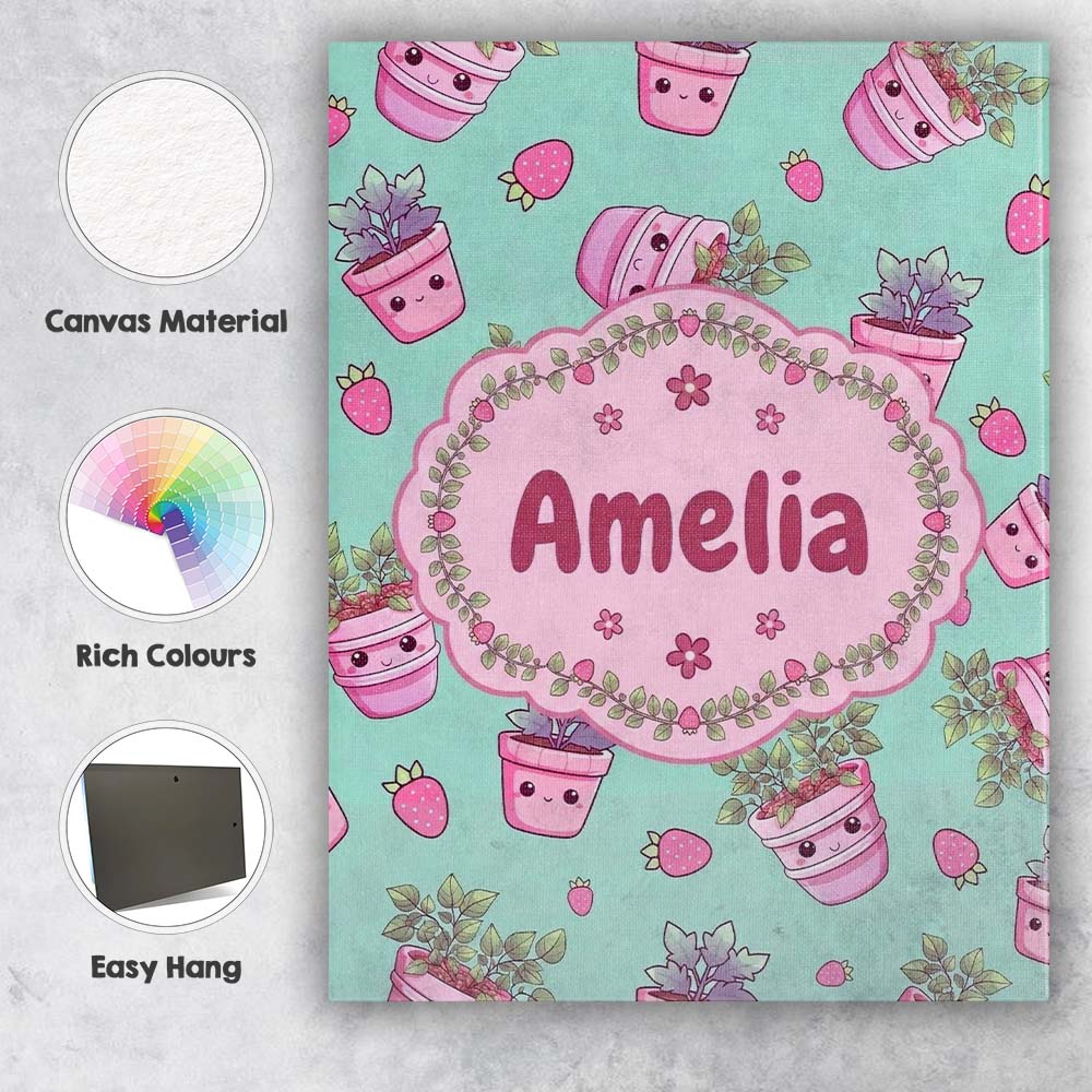Personalised Name Cute Kawaii Strawberry Custom  Unique Gift Idea Elegant Feature Canvas Wall Art Print Decor Picture Ready to Hang