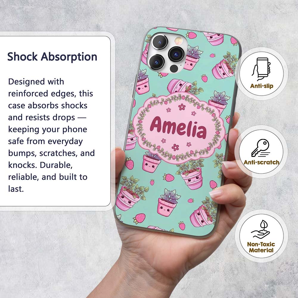 Cute Kawaii Strawberry Plant Pots Teal Background Custom Name Protective Phone Case Mobile Cover Durable Everyday Smartphone Shock Resistant